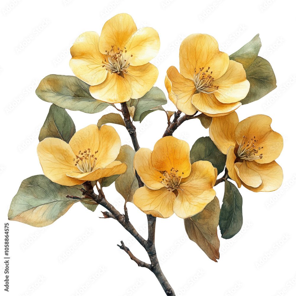 Naklejka premium A yellow flower with green leaves is on a branch. Generative AI