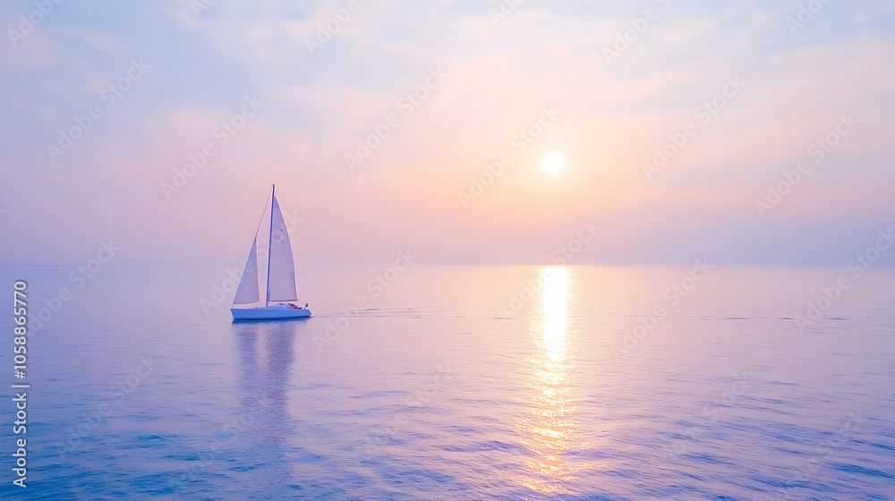 Obraz premium A sailboat sails across the ocean at sunset.