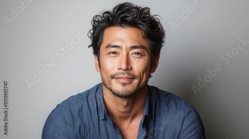 mid-shot of a handsome asian man wearing a blue striped shirt and black jeans, smiling confidently against a clean white background, radiating approachability and style