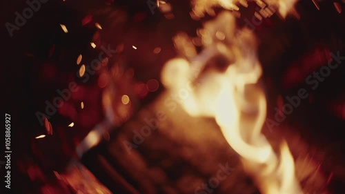 Slow motion Macro shot of wood logs burning in a campfire with sparks and smoke