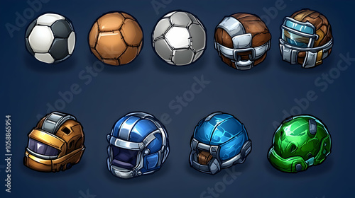 A set of 10 cartoon sports balls and helmets. photo