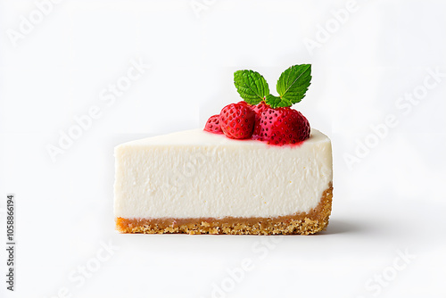 A slice of cheesecake with a berry topping, isolated on white background 