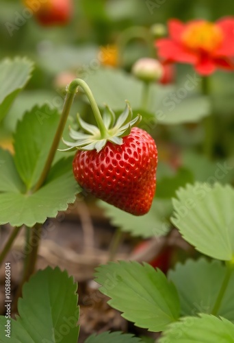A large, ripe red strawberry with green leaves and stem