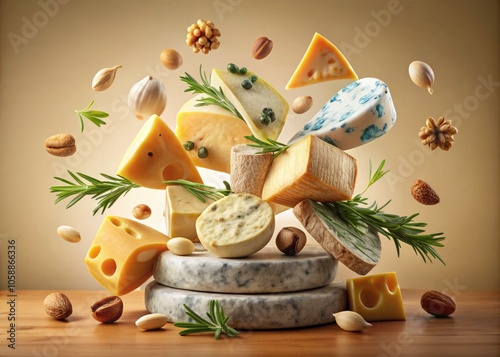 Levitation of Gourmet Cheeses with Nuts and Rosemary on Beige Background - Masdam, Camembert, Cheddar, Gouda, Parmesan, Dorblu, Brie, Roquefort photo