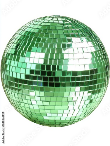 A vibrant green disco ball reflecting light, perfect for creating a festive and energetic atmosphere at parties and events.