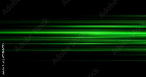 Green laser beams isolated on black background. Abstract light effect. Green lens flash. Horizontal rays glowing in the dark. Speed ​​vector illustration, road.