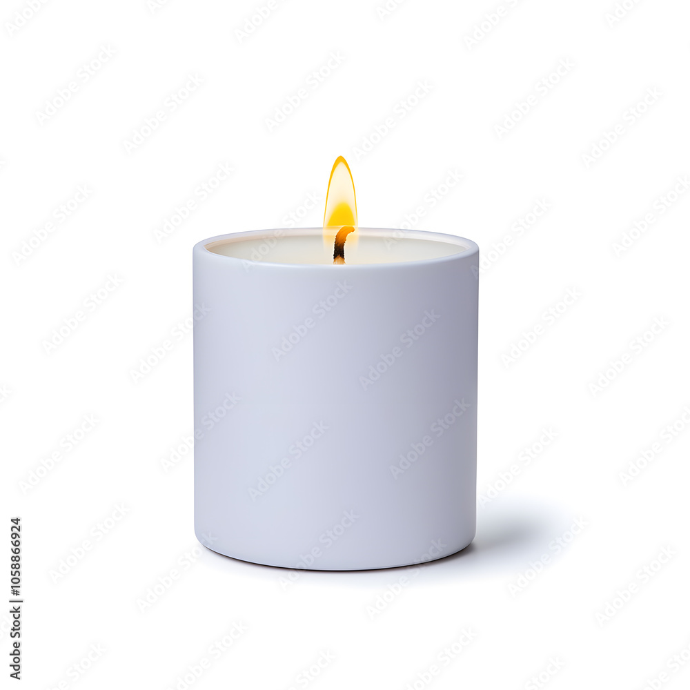 Candle with flame in a minimalist holder isolated on white background Candle with flame in a minimalist holder isolated on white background