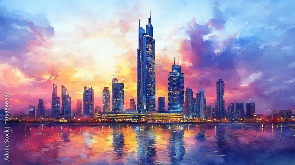 Watercolor illustration of the Emirates Tower in Dubai capturing its elegance Watercolor illustration of the Emirates Tower in Dubai capturing its elegance