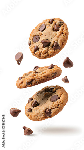 Chocolate chip cookies and crumbs flying over white background 