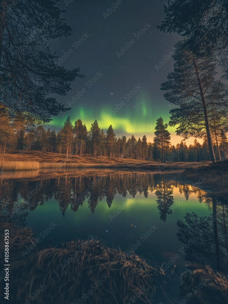 Fototapeta premium Aurora borealis reflection on calm water
