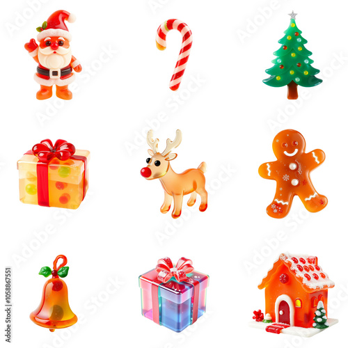 Christmas cute cartoon jelly decorations including Santa, reindeer, candy cane, gingerbread, christmas tree, christmas bell, house and gifts isolated on a transparent background