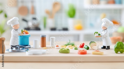 Two cheerful chefs prepare colorful food on a kitchen countertop, surrounded by fresh ingredients and cooking tools.