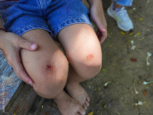 A young girl injured her knee while playing outdoors on a playground. Wounded knee of the child.