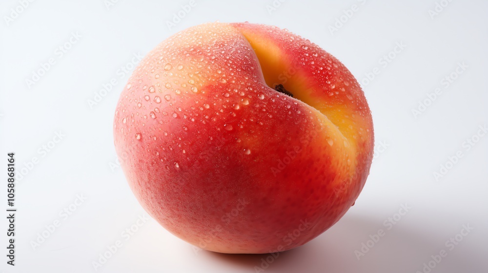 A single, ripe peach with water droplets on a white background. A single, ripe peach with water droplets on a white background.