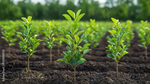 A lush field of young green plants growing in neat rows, symbolizing growth, agriculture, and environmental sustainability.