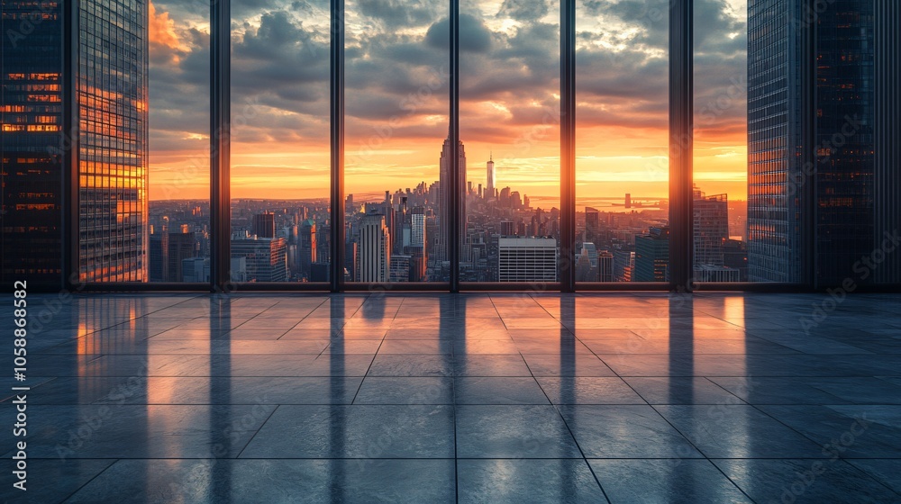 Fototapeta premium Urban Skyline with Central City View Featuring Pathway and Parking Area for Automotive Advertising
