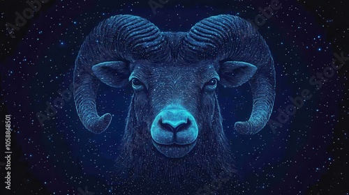 A digital representation of a ram illuminated by a starry night, featuring intricate details and a striking blue hue against a dark background.