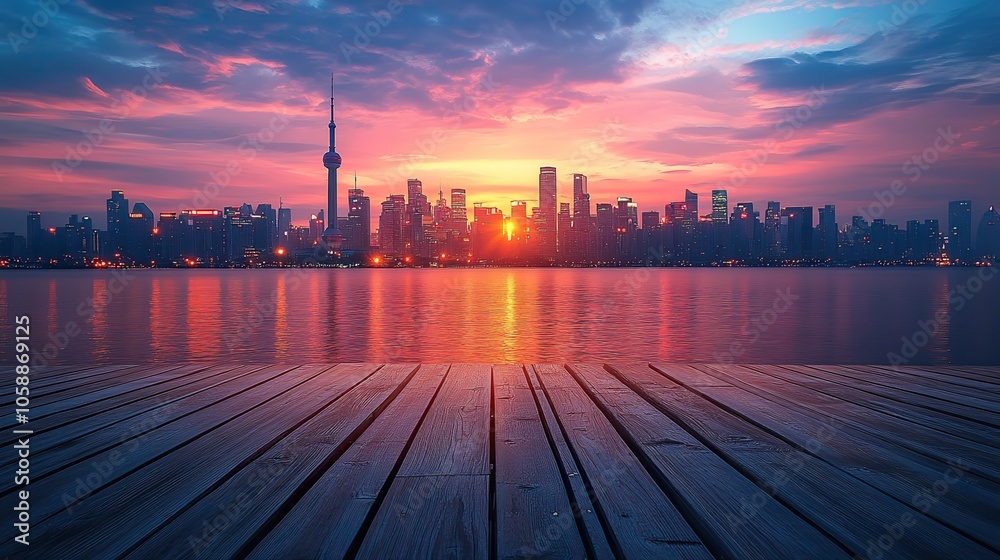 Obraz premium Wooden floor and city skyline at sunset, perfect for product display or banner promotion