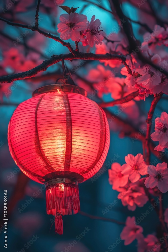 Fototapeta premium Red lantern among pink flowers
