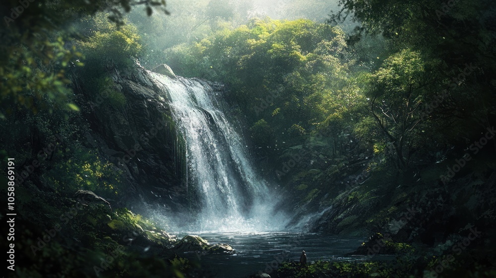 Majestic Waterfall in Lush Forest Majestic Waterfall in Lush Forest