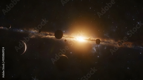 Captivating Celestial Arrangement of Planets and Moons Against a Brilliant Milky Way