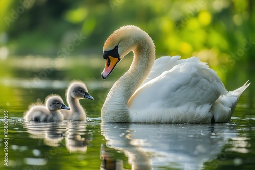 Mute swan with two baby chicks on the water