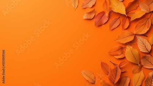 Autumn dry leaves in various shades of orange scattered on an orange background, creating a seasonal and vibrant minimalist composition.