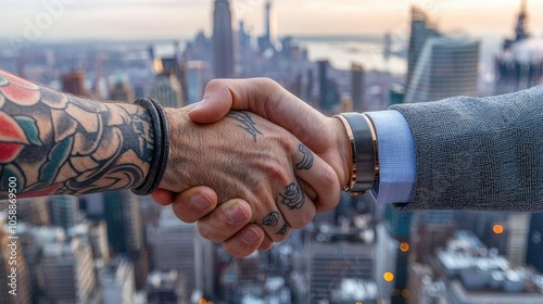 Wallpaper Mural Two hands shaking above a cityscape, symbolizing partnership and collaboration. Torontodigital.ca