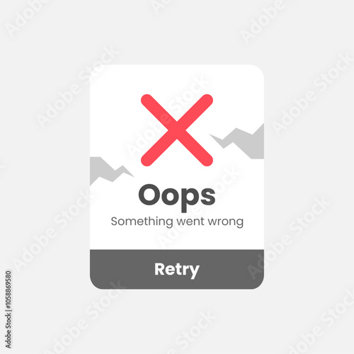 illustration of error pop up box with X icon, text Something went wrong, and Retry button. for representing error messages, failure alerts, or troubleshooting screens in apps, websites ui