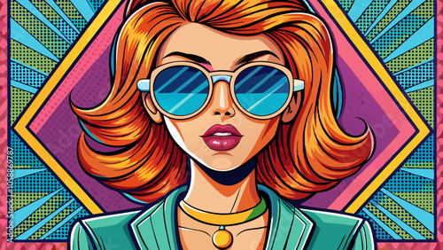 Fashion portrait of a model girl in sunglasses. Poster or flyer in trendy retro colors. Vector illustration