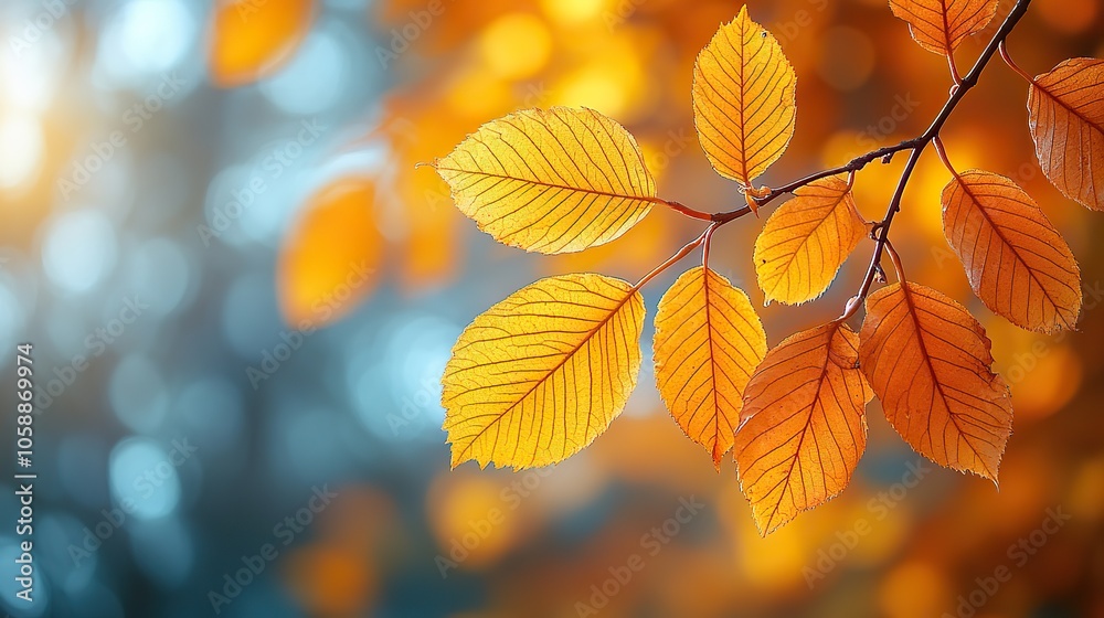 Yellow and orange autumn leaves hang from branches, with blurred background, perfect for fall nature designs Yellow and orange autumn leaves hang from branches, with blurred background, perfect for fall nature designs