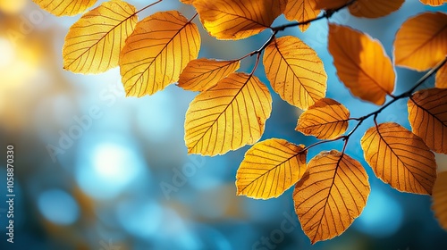 Yellow leaves on tree branch in autumn contrast soft blue sky, creating peaceful and vibrant seasonal view