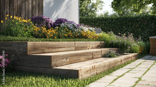 New steps in a garden or back yard leading to a raised patio, alongside a new raised flowerbed made using wooden sleepers