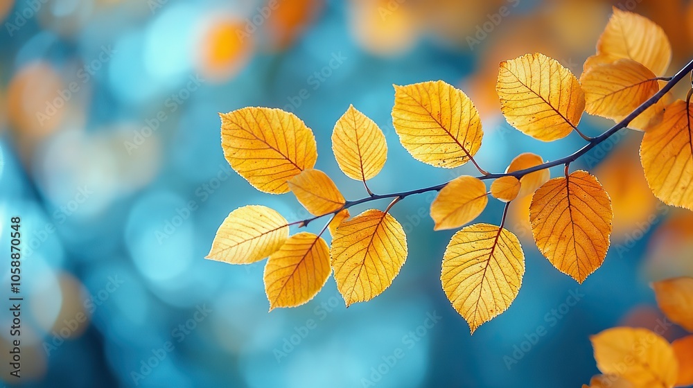 Yellow leaves on tree branch in autumn contrast soft blue sky, creating peaceful and vibrant seasonal view Yellow leaves on tree branch in autumn contrast soft blue sky, creating peaceful and vibrant seasonal view