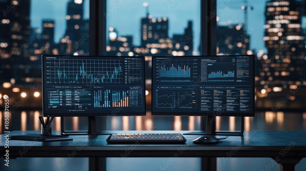 Modern workspace with dual monitors displaying financial data and city skyline view. Modern workspace with dual monitors displaying financial data and city skyline view.
