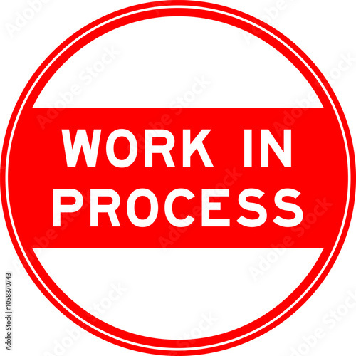 Red color round seal sticker in word work in process on white background