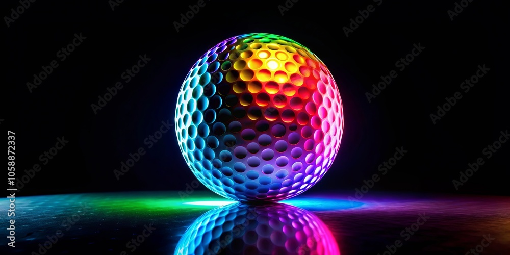 A luminous sphere with a textured surface, radiating vibrant hues against a dark backdrop, casting colorful reflections on a reflective surface. A luminous sphere with a textured surface, radiating vibrant hues against a dark backdrop, casting colorful reflections on a reflective surface.