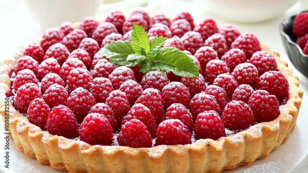 Delicious raspberry tart with fresh mint leaves on a white plate, perfect for dessert at a summer gathering Delicious raspberry tart with fresh mint leaves on a white plate, perfect for dessert at a summer gathering