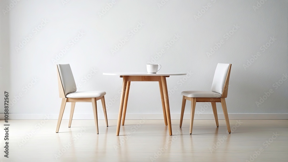 Obraz premium Minimalist Table and Two Chairs in Rule of Thirds on White Background for Modern Interiors, Design Projects, and Lifestyle Concepts