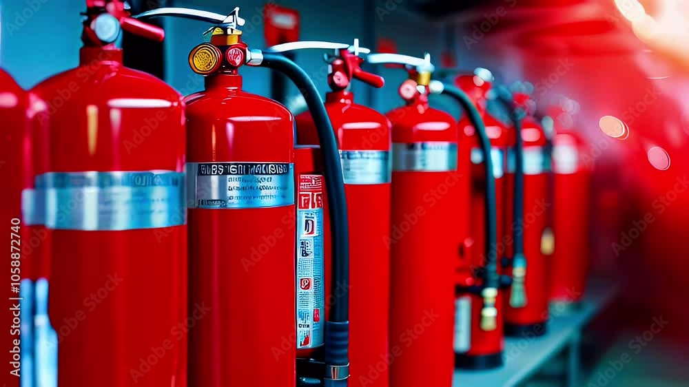 Close-up of red fire extinguishers with hoses and labels.