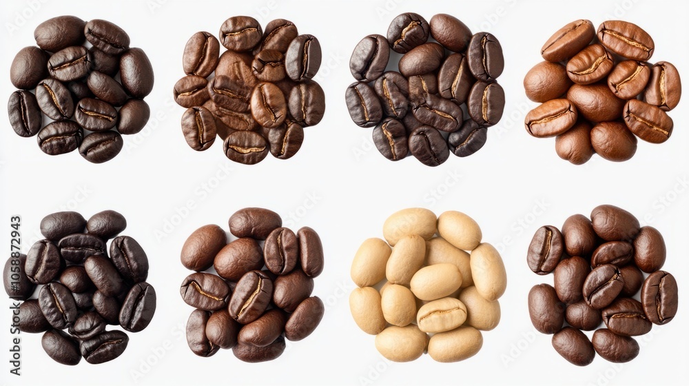 Assorted coffee beans with warm, earthy tones, showcasing a rustic look, isolated on transparent background Assorted coffee beans with warm, earthy tones, showcasing a rustic look, isolated on transparent background