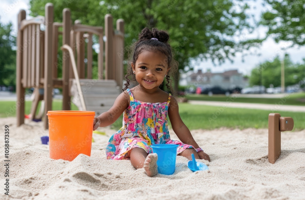 A little girl plays in the sand with toys and plastic cups on an outdoor playground, on a sunny day, surrounded by green grass and trees. A little girl plays in the sand with toys and plastic cups on an outdoor playground, on a sunny day, surrounded by green grass and trees.
