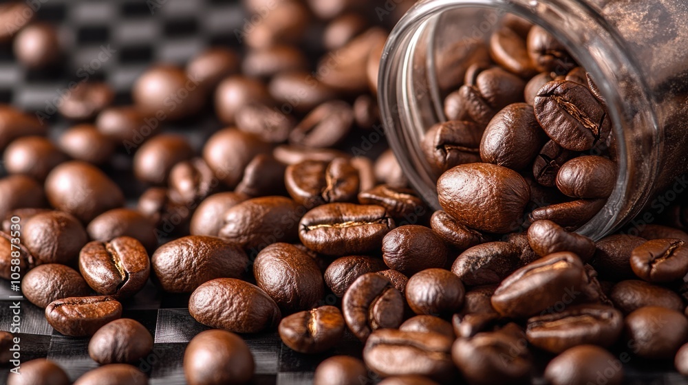 Fototapeta premium Close-up of scattered coffee beans with rich brown tones and glossy texture, isolated on transparent background