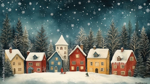 A tranquil winter village with snow-topped houses and trees, softly falling snowflakes creating a magical, cozy feel—perfect for holiday cards and winter decorations