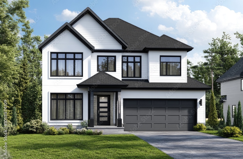 the front view of an almost new modern two-story white house with black accents, with large windows and a double garage door on one side of it the front view of an almost new modern two-story white house with black accents, with large windows and a double garage door on one side of it