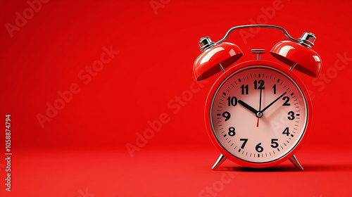 Vintage red alarm clock with white dial and black numerals on a uniform red background.