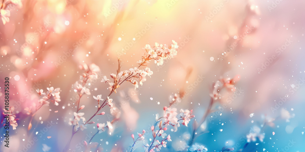 A beautiful image of a field of flowers with a blue sky in the background A beautiful image of a field of flowers with a blue sky in the background