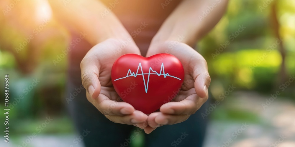 Healthy living concept with human hands holding heart shaped object, symbolizing care and life.