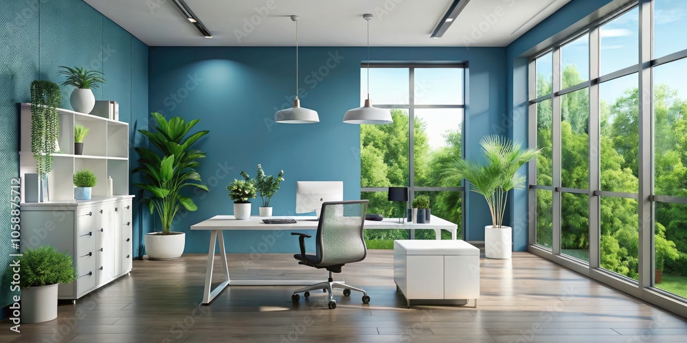 Fototapeta premium Modern Minimalist Office Space with Soft Blue Walls and Sleek White Furniture, Featuring Large Windows and Lush Greenery for a Serene Aesthetic