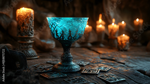 The Enigmatic Goblet of Iridescent Elixir: A Scene of Mystical Runes and Candlelit Mystery